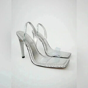 GOOD AMERICAN Silver Snake Lucite Heels 10.5